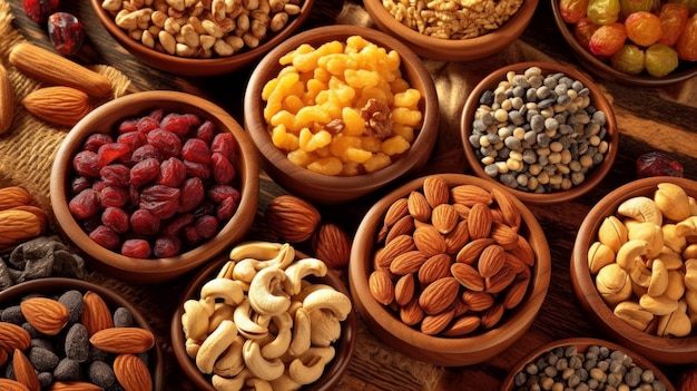 Una selezione di snack salutari come semi di noci e frutta secca generati dall'intelligenza artificiale