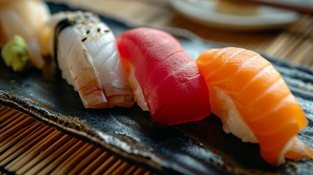 Una selezione di Sushi tra cui nigiri e rotoli artisticamente disposti su un piatto giapponese minimalista