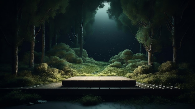 Una selva oscura con un podio rotondo al centro e una luce in basso