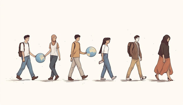 una semplice illustrazione di diversi rifugiati 56 persone che camminano intorno alla terra