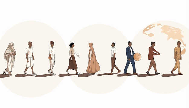 una semplice illustrazione di diversi rifugiati 56 persone che camminano intorno alla terra
