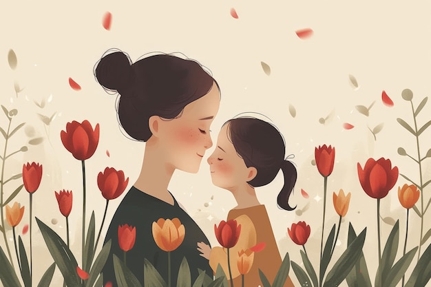 una semplice illustrazione piatta di una madre con un bambino con un fiore di tulipano minimalista