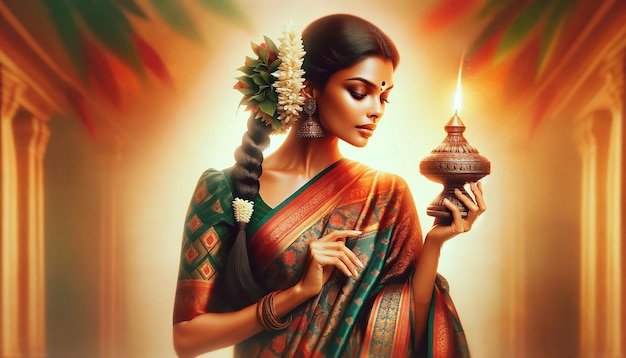 Una sensuale donna tamil in un tradizionale saree tamil che tiene con grazia una lampada a olio vilakku accesa