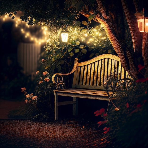 Una serata romantica in giardino Fila di luci Panca da giardino