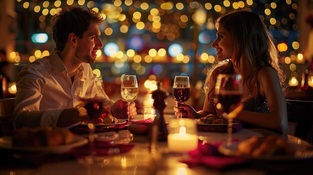 Una serata romantica in un ristorante con candele e bicchieri di vino