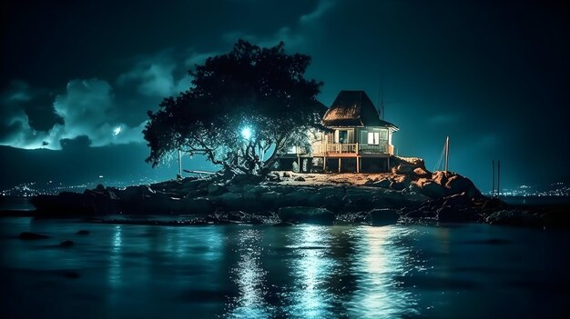 Una serena casa di legno su una piccola isola rocciosa in mezzo all'oceano e un albero con una luce brillante che si riflette sull'acqua di notte