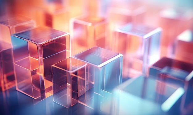 Una serena composizione di cubi di vetro traslucido bagnati in un gradiente di illuminazione da blu a rosa AI Generative