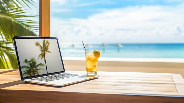 Una serena configurazione di lavoro remoto con un portatile aperto su una scrivania di legno una bevanda rinfrescante e una vista sulla spiaggia tropicale sullo sfondo che evoca un tranquillo equilibrio tra vita lavorativa