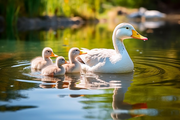 Una serena famiglia di anatre scivola su uno stagno calmo creando un perfetto riflesso speculare sull'acqua