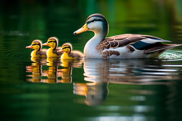 Una serena famiglia di anatre scivola su uno stagno calmo creando un perfetto riflesso speculare sull'acqua