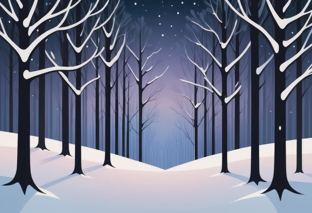 Una serena foresta invernale con alti alberi innevati e un sentiero tortuoso