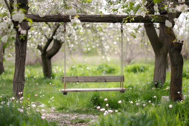 Una serena fuga un'altalena di legno rustico che oscilla dolcemente sotto il baldacchino di un frutteto in fiore