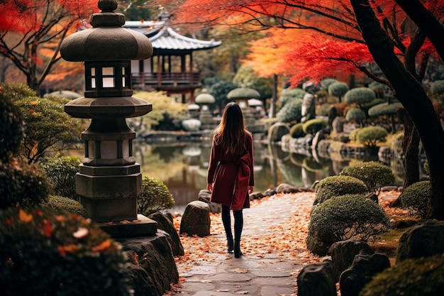 Una serena passeggiata d'autunno nel tradizionale giardino del tempio di Kyoto