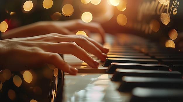 Una serena pianista viene vista suonare una melodia su un sintetizzatore in una ripresa laterale con l'IA generativa