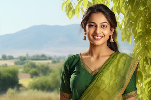 Una serena postura estiva Una vibrante donna indiana in sari verde abbraccia il paesaggio come sfondo