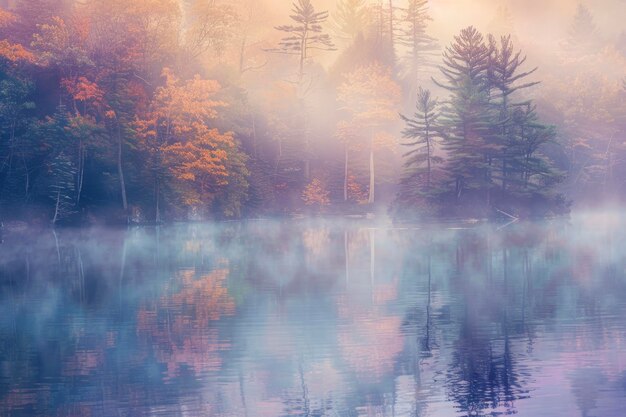 Una serena scena sul lago con la nebbia che sorge dall'acqua che riflette i colori dell'alba