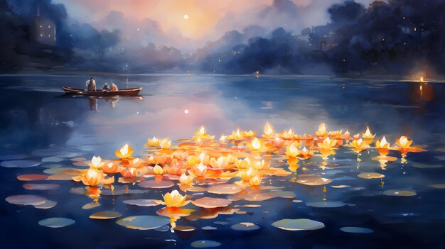 Una serena serata Diwali con diya che illuminano un fiume tranquillo e felice Diwali