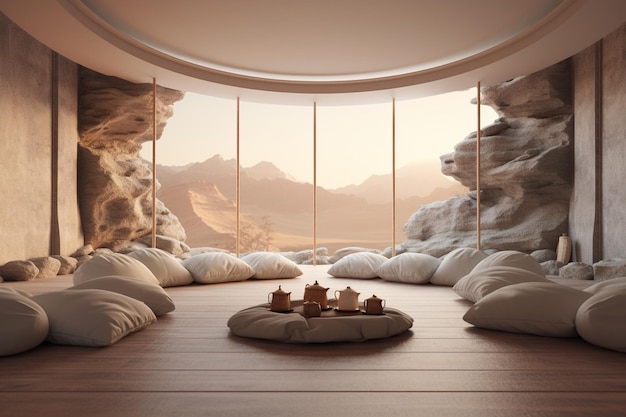 Una serena stanza di meditazione con cuscini per il pavimento e s 00288 03