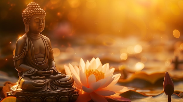 Una serena statua di Buddha che medita accanto a un fiore di loto vibrante che simboleggia la purezza e la grazia spirituale