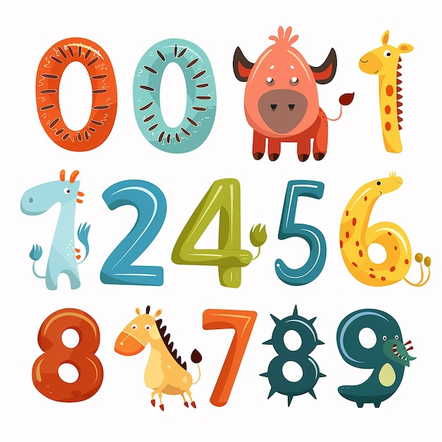 una serie colorata di numeri tra cui un numero e una mucca