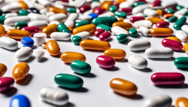 Una serie colorata di pillole su una superficie bianca