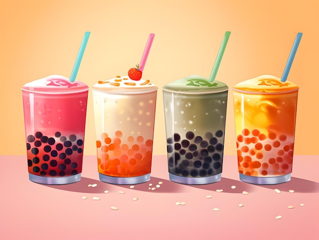 Una serie di bevande colorate con colori diversi e le parole frutta su di esse.