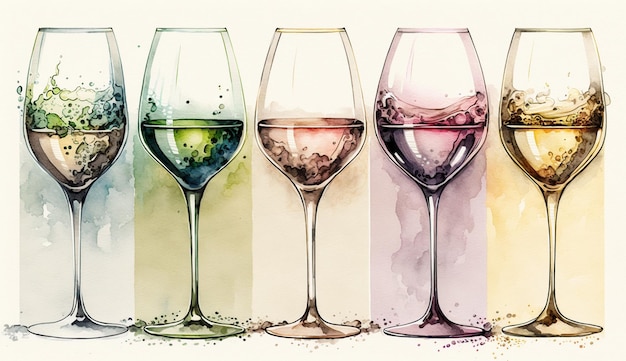 Una serie di bicchieri da vino con diversi colori di diversi colori.