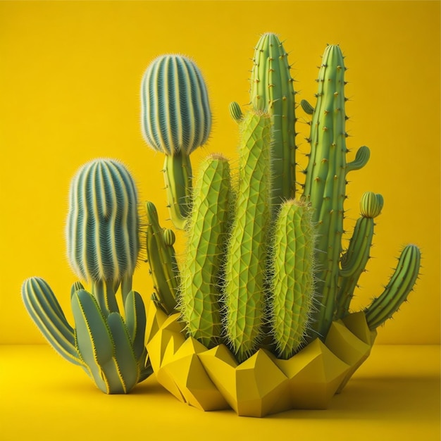 Una serie di cactus e altre piante sono su uno sfondo giallo.