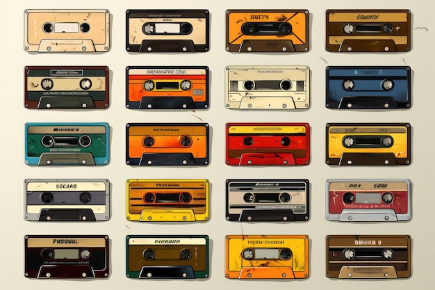 una serie di cassette sono mostrate su uno sfondo bianco