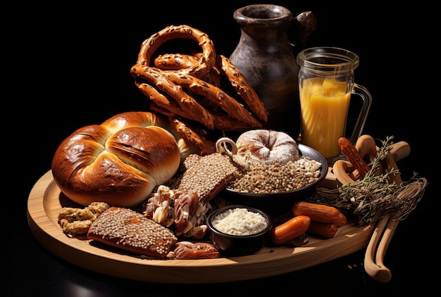 una serie di cibi come pretzel e pane di segale in un piatto di legno nello stile del beige scuro