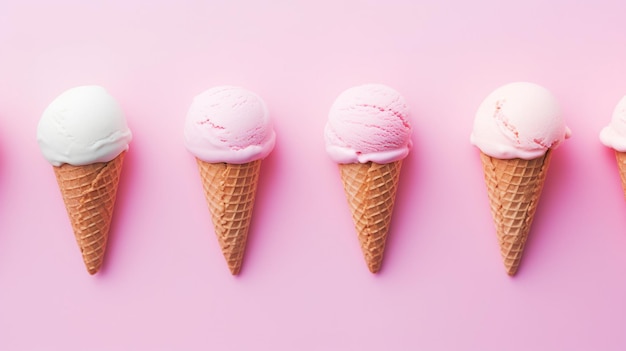 Una serie di coni di gelato su uno sfondo rosa che simboleggia l'indulgenza e le vibrazioni estive perfetti per il marketing dei dessert e le immagini di stile di vita