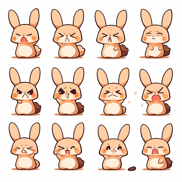Una serie di conigli dei cartoni animati con espressioni diverse ai generativa