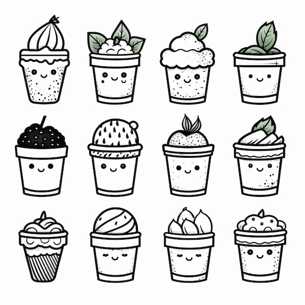 una serie di cupcake carini con facce disegnate in intelligenza artificiale generativa in bianco e nero