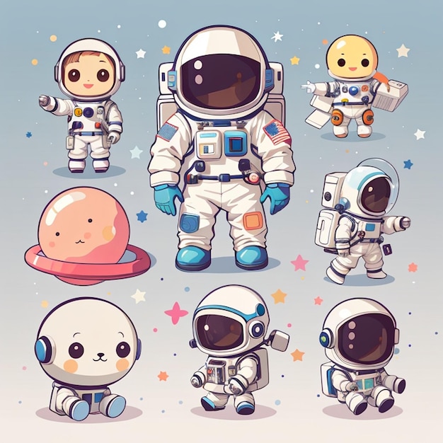 una serie di disegni di astronauti kawaii. AI generativa