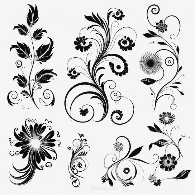 Una serie di disegni floreali in bianco e nero generativi ai