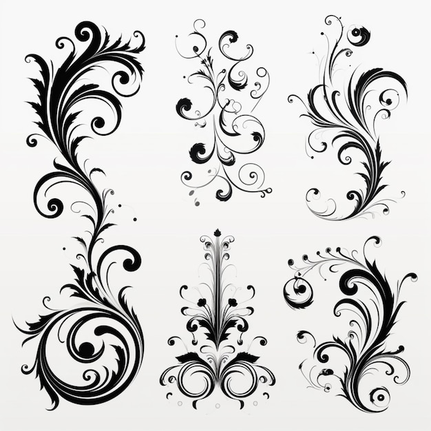 Una serie di disegni floreali in bianco e nero su uno sfondo bianco generativo ai