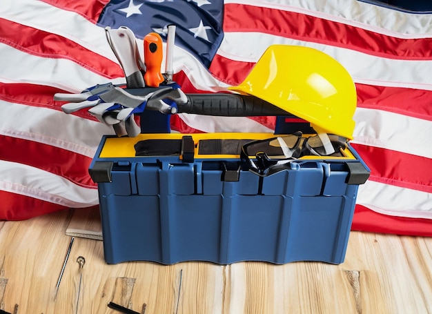 Una serie di diversi strumenti rossi per lavorare include lo sfondo della bandiera degli Stati Uniti a martello