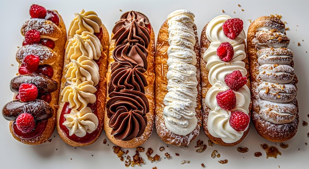 Una serie di eclairs diversi con riempimento