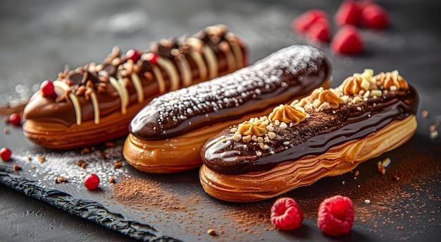 Una serie di eclairs diversi con riempimento