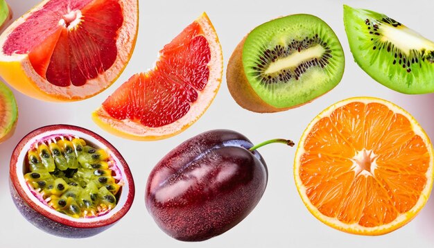 Una serie di fette mature e brillanti di pompelmo kiwi frutta della passione arancione e prugna