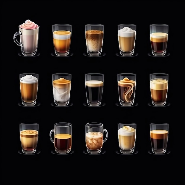 una serie di icone di caffè diverse tazze di vetro