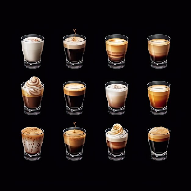 una serie di icone di caffè diverse tazze di vetro
