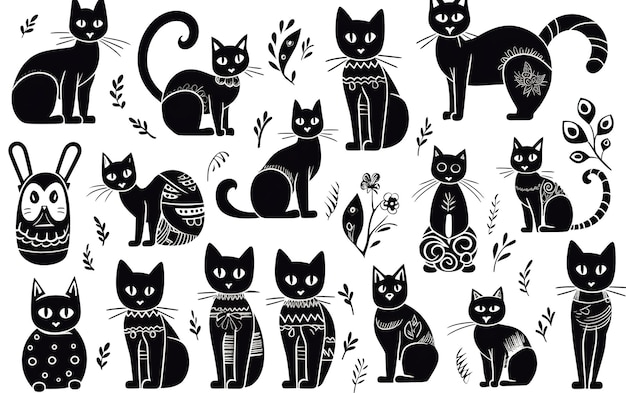 Una serie di illustrazioni al tratto di gatti clipart design scandinavo