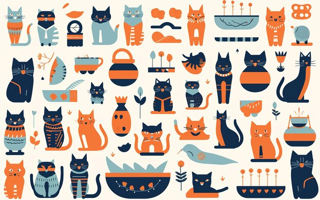 Una serie di illustrazioni al tratto di gatti clipart design scandinavo