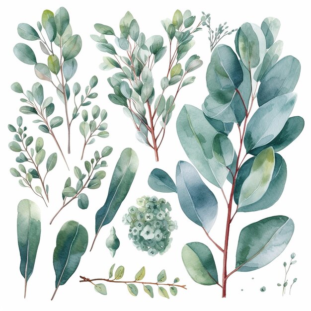 Una serie di illustrazioni botaniche ad acquerello pianta verde e foglie di eucalipto