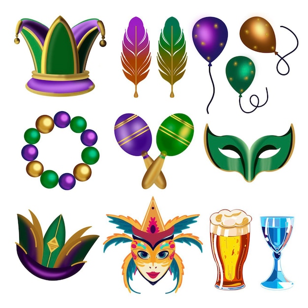 una serie di illustrazioni di Mardi Gras per una celebrazione su uno sfondo bianco disegnato a mano