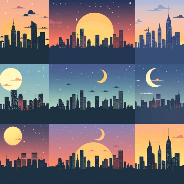 una serie di immagini di una città con una luna e una luna