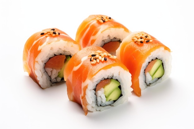 Una serie di involtini di sushi freschi con avocado di salmone Cucina giapponese