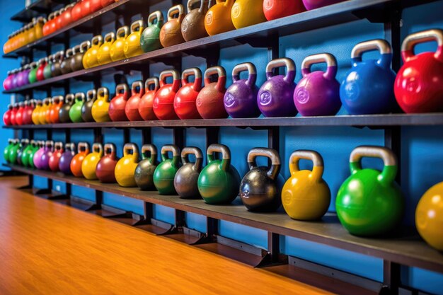 Una serie di kettlebell colorate in un centro fitness creato con l'AI generativa