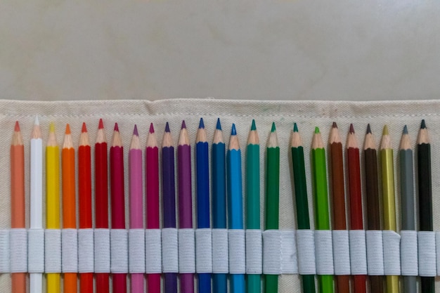 Una serie di matite colorate nella loro custodia di tela